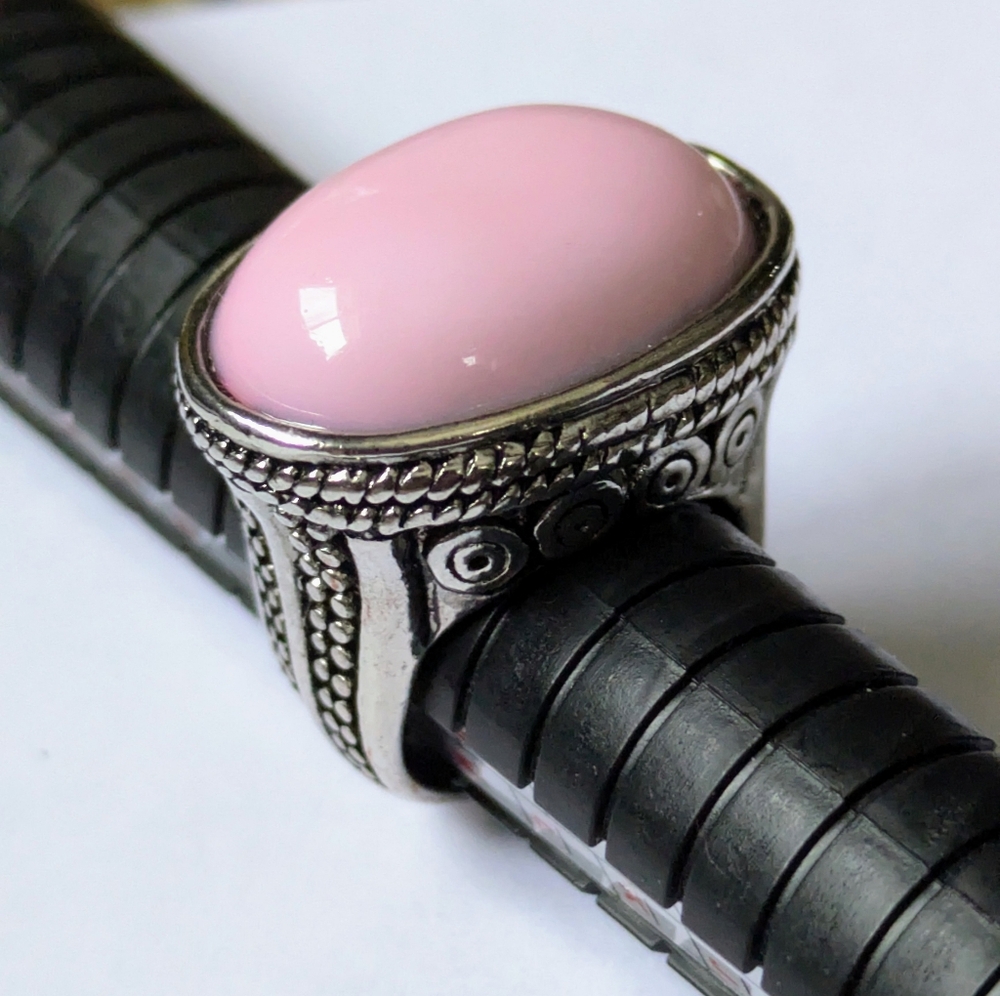 Chunky Silver Tone Cocktail Ring Pink Cabochon Size 6.5 Boho Bohemian Statement